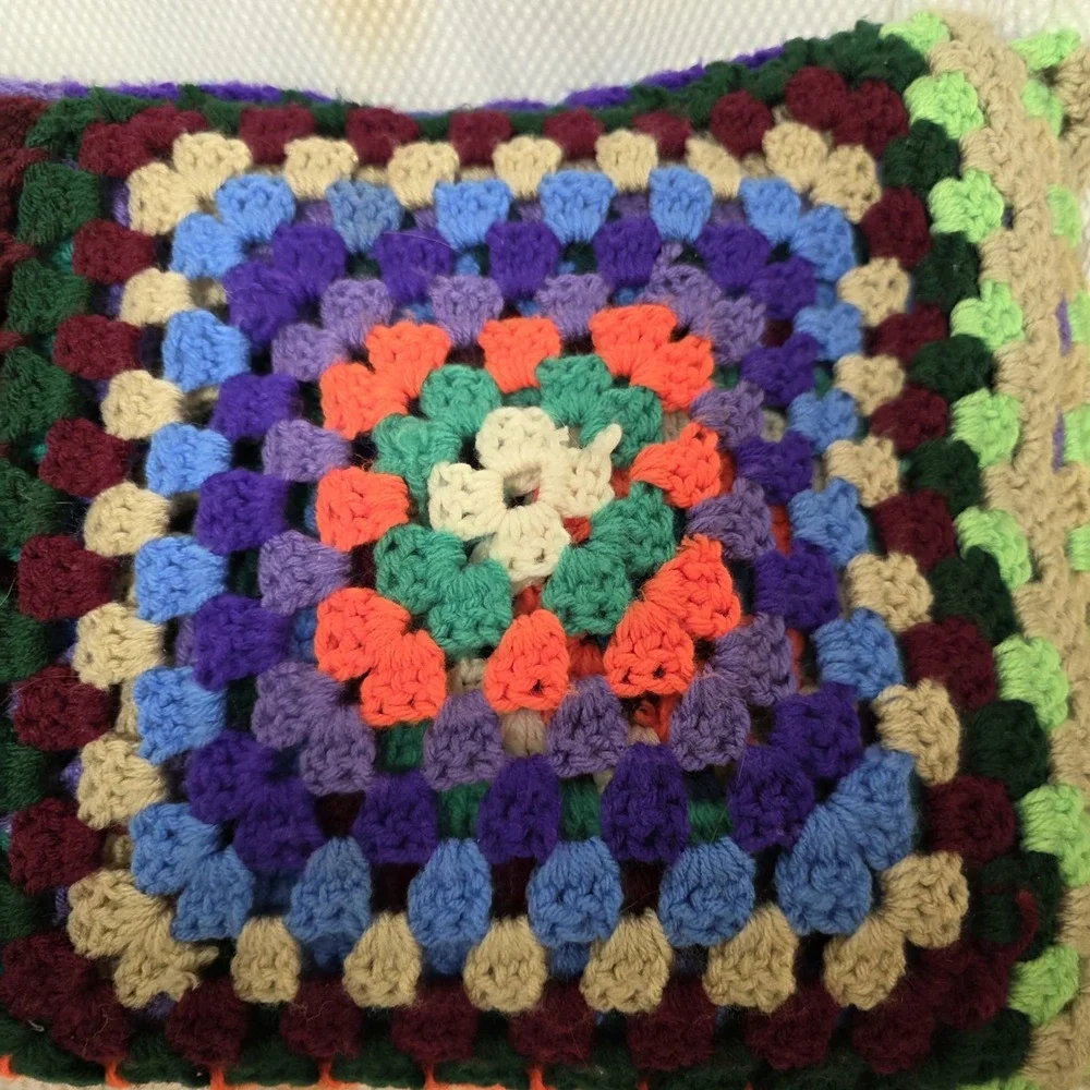VTG Large Granny Square Afghan Black Crocheted Roseanne Throw Blanket  60
